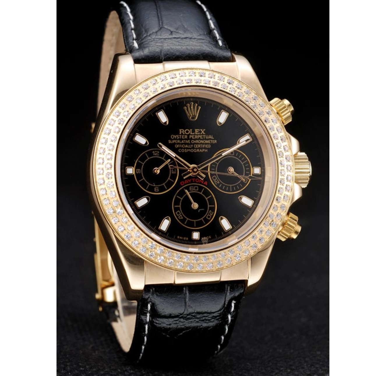 Aaa replica watch Case Daytona Crystal Studded Dial Black Bezel Rolex Gold 1014